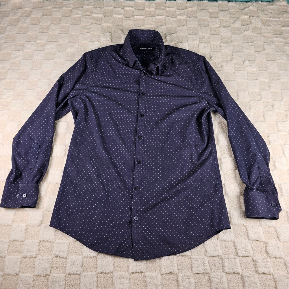 Mizzen+Main Leeward Dress Shirt Mens Medium Trim Navy Blue Pink Dot Performance